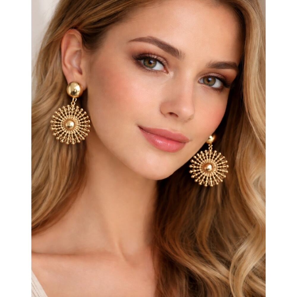 Lou & Co Gold Round Sunburst Earrings New